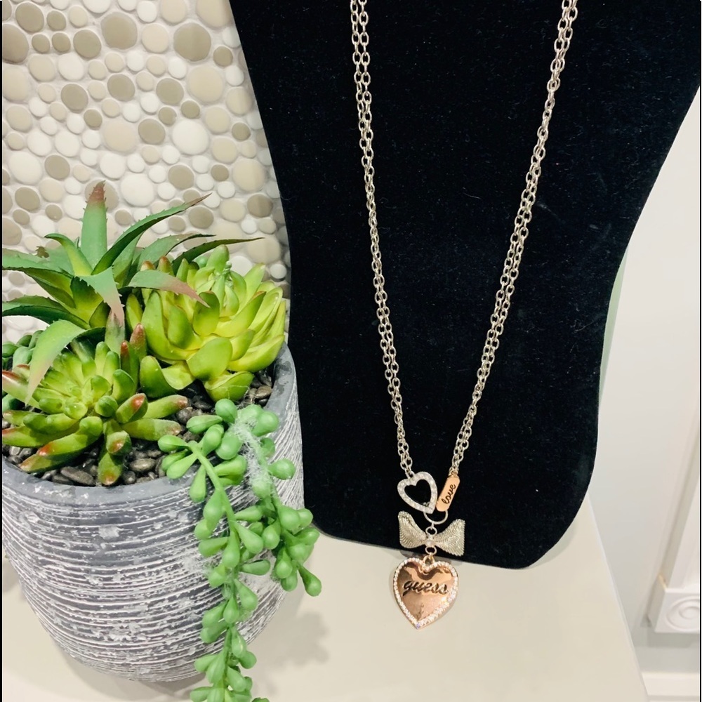 N28- Guess long silver w gold Heart Necklace